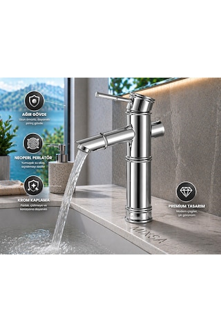 Viosa Lüx Premium Krom Bambu Çanak Lavabo Bataryası Çanak Lavabo Uyumlu Parlak Gri Batarya Siyah