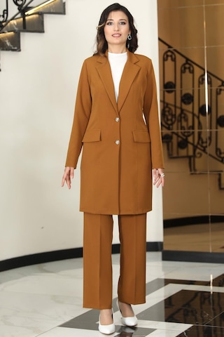 Parla Uzun Ceket Pantolon İkili Tesettür Takım Taba Taba