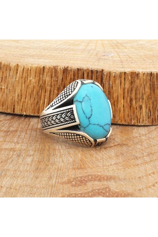 Gümüş Oval Turkuaz Firuze Taşlı Örgü Tasarım Erkek Yüzük