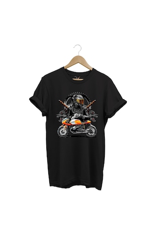Motorsiklet Tişörtü Katana Motor Kurt Ve Motorcu Baskılı Regular Fit %100 Pamuk Siyah T-shirt Siyah