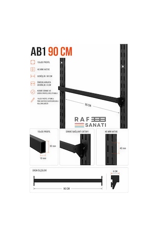 5 Adet - Ab1 90 Cm Askı Geçen Profil 10x30 Aksesuar Ara Bağlantı 40 Mm Hatve - Konik Dikme Uyumlu Raf Askı Aparatı Siyah