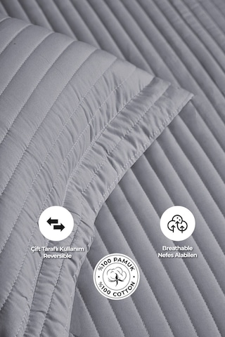 Evlen Home %100 Pamuk Yatak Örtüsü Pike Takımı Tek Kişilik Judy Yatay Çizgili Kapitone Gri Gri