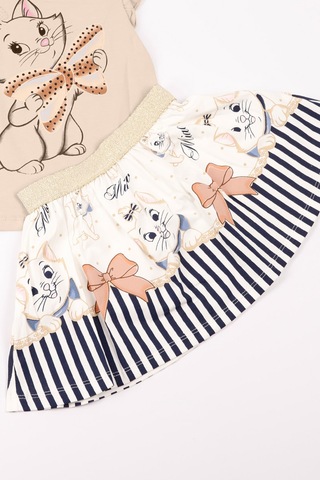 Kız Çocuk Takım Etekli Kedi Baskılı Kol Detaylı A66 Taş Rengi