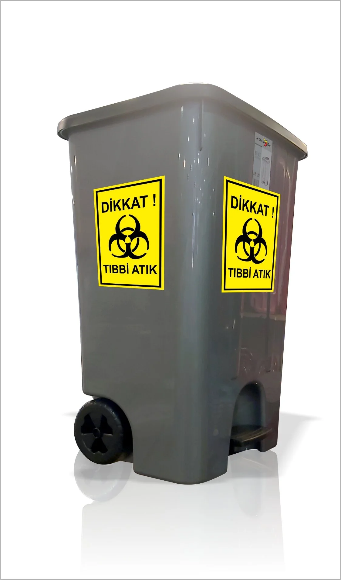 Büyük 85lt Tekerlekli Saplı Hastane Klinik Revir Tıbbi Atık Sızdırmaz Kırılmaz Çöp Kovası Arabası Metalik Gri
