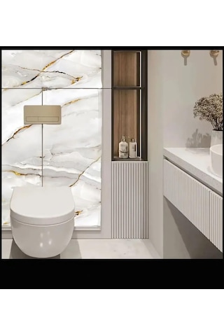 Ukab Dekor Kendinden Yapışkanlı Esnek Köpük Beyaz Pvc Mermer Panel 60x30 Cm Banyo Wc Mutfak Gri Ve Altın Desenli M