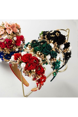 Kadın Baş Bandı Sahte Çiçek Sahte İnci Parlak Yapay Elmas Dekor Geniş Vintage Lüks Kaymaz Renkliyeşil Çok Renkli