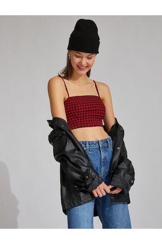 Koton İnce Askılı Crop Top Kırmızı Ekose 2sak30041pw