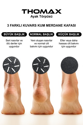 Thomax Şarjlı Topuk Nasır Giderici 2 Kademeli 3 Başlıklı Yıkanabilir Ayak Törpüsü Ayak Bakım Seti