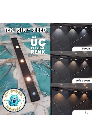 Upway Sensörlü 40 Cm 3 Lü Led Lamba 3 Renkli Ayarlanabilir Tezgah Merdiven Dolap Aydınlatma Siyah