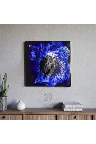3d T-rex Kafatası Mavi Epoksi Duvar Tablosu, El Yapımı Heykelsi Sanat Eseri, 35x35 Cm, Modern & Statement Tasarım 35 x 35 CM