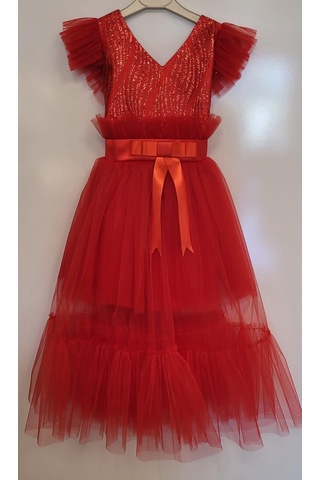 Kız Çocuk İçi Kısa Katkat Üstü Uzun Fırfırlı Abiye-7566-kırmızı Kırmızı