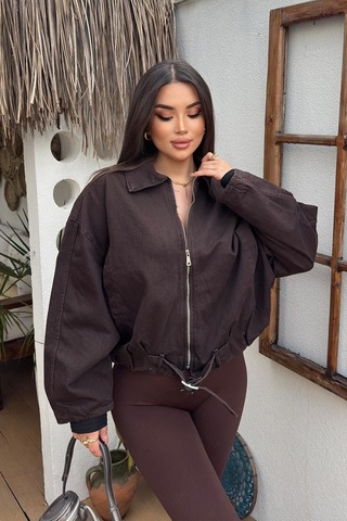 Blanco Kadın Kemer Detaylı Kot Ceket Oversize Fermuarlı Denim Ceket Kahverengi Kahverengi