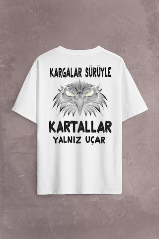 White Oversize T-shirt Eagle Kartallar Yalnız Uçar Sırt Ön Baskılı Tişört Unisex T-shirt 001