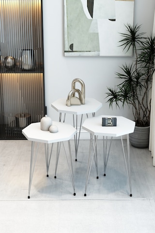 3'lü Sekizgen Zigon Sehpa Seti - Gümüş Metal Ayaklı, Modern & Şık Yan Sehpa, Dayanıklı Salon Ofis Beyaz