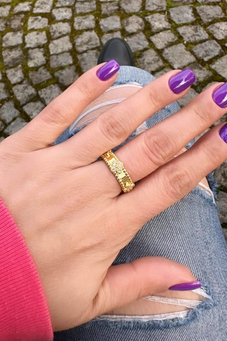 Marka Model Zirkon Çiçek Desenli Gold Yüzük - Ayarlanabilir Gold