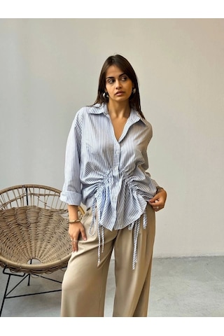 Önü Büzgü Detaylı Çizgili Gömlek Mavi