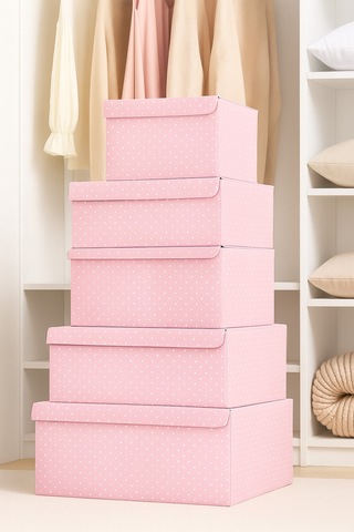 Serstil Sert Karton Pembe Puantiyeli Kapaklı Baza Altı Kutu Hurç Organizer Pembe Puantiye