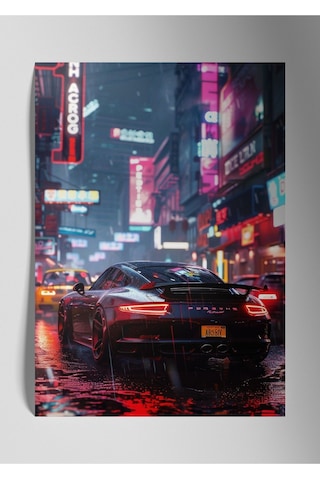 Metal Levha Baskı Parlak Araba Duvar Tablosu - Porsche Turbo