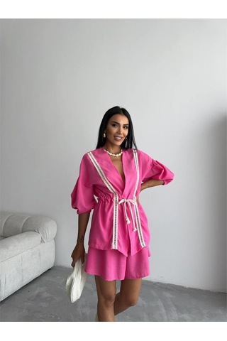 Sensuelle Keten Bel Büzgülü Bluz-pantolon Takım - Fuşya Fuşya