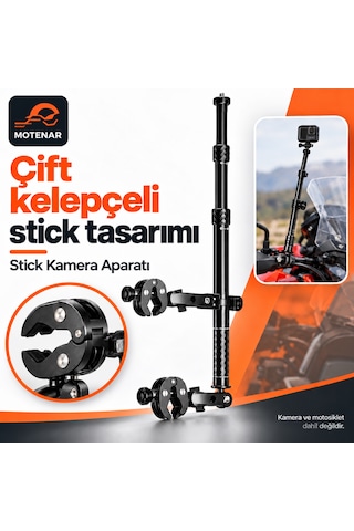 Motenar Motosiklet Stick Kamera Aparatı Çift Kelepçeli Siyah