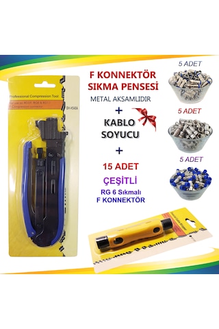 F Konnektör Sıkma Pensesi + Kablo Soyucu + 15 Adet Çeşitli Sıkmalı F Konnektör