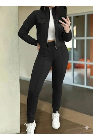 S-pazarım Kadın Uzun Kollu Önden Fermuarlı Kısa Modal Ceket Ve Pantolon Ikili Takım Siyah