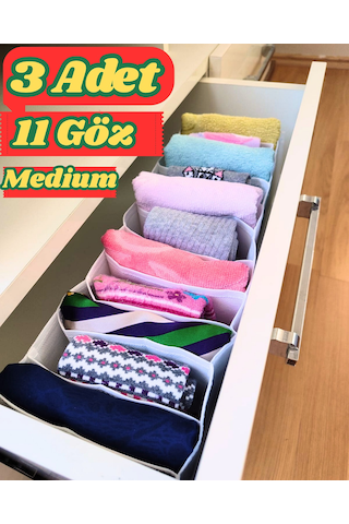 3 Adet 11 Gözlü Çekmece İçi Organizer & Düzenleyici Cepli Çamaşır Beyaz