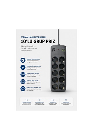 Termal Akım Korumalı Usb Type-c Girişli 10'lu Grup Priz 2500w Güç Kapasitesi Kopya Renkli 2 - 5 M