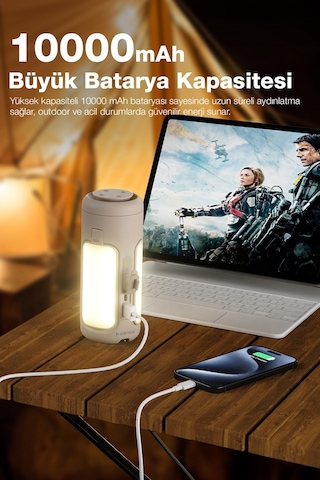 10.000 Mah Led Kamp Lambalı Powerbank Taşınabilir Aydınlatma Ve Hızlı Şarj Destekli Bej