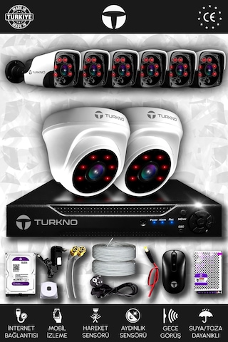 Turkno 8 Kameralı Pania 2 İç Kamera Set 1 TB HDD Full HD Gece Görüşlü Güvenlik Kamerası Sistemi