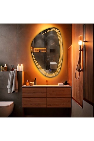 Fractura Asimetrik Led'li Kumlamalı Lavabo & Banyo Aynası Dokunmatik Sensörlü 80 X 50 Cm Turuncu
