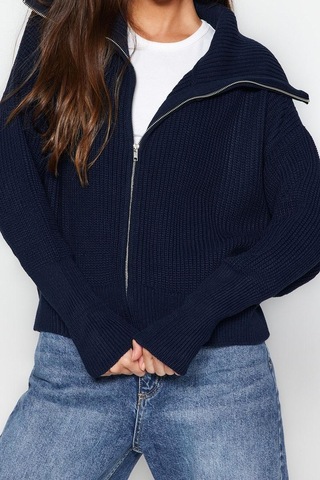 Ersefa Kadın Modern Tarz Oversize Devrik Yaka Regular Triko Hırka Lacivert