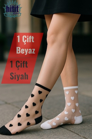 Hitit Socks Kadın 2 Çift Premium Kalite Mini Kalp Desenli Tül Çorap Siyah Beyaz ASORTİ