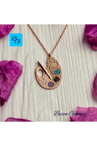 Rose Renkli Taşlı Resim Paleti Kolye Rose - Gold - Gümüş