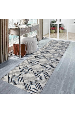 Mavi Gri Kaymaz Tabanlı Kesme Yolluk Koridor Mutfak Salon Halısı 5008 Mavi