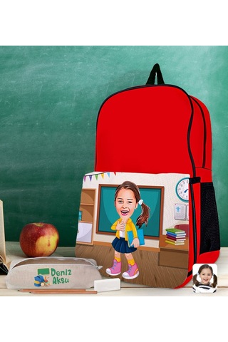 Bk Gift Kişiye Özel Kız Öğrenci Karikatürlü Kırmızı Okul Çantası Ve Kalemlik Hediye Seti-4