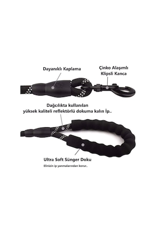 Modaliz Reflektörlü Köpek Gezdirme İpi Siyah 130 CM Siyah