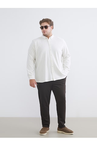 Lcw Vision Ekru Büyük Beden Slim Fit Uzun Kollu Çizgili Erkek Gömlek