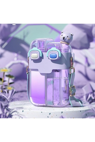 Kawaii Su Şişeleri Samanlı, Moda Plastik Çift İçme Suyu Şişesi Spor Fitness Gym Camping Lavanta 780ml İçin Ayarlanabilir Kayış Gül Kırmızı