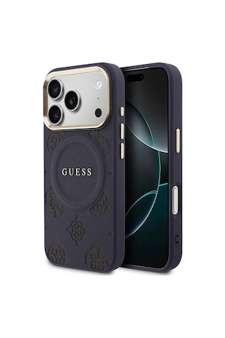 Apple Uyumlu iPhone 17 Pro Max Kılıf Guess Lisanslı M-safe Sıcak Baskılı Yazı Logolu Pu Deri Peony Kapak Lacivert