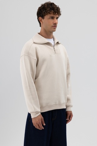Vamos Basic Fermuarlı Dik Yaka Sweatshirt Taş