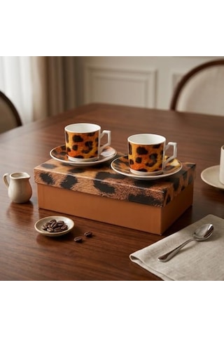 2'li Porselen Kahve Fincanı Takımı - 100 Cc Leopar Desenli Altın Yaldızlı Premium Türk Kahvesi Ve Espresso Fincan Diğer