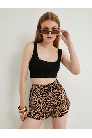 Koton Mini Şort Leopar Desenli Beli Bağcıklı Slim Fit Siyah Desenli 4sal40196ık Siyah