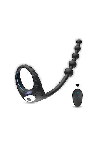Carmine Titreşimli Kumandalı Penis Halkalı Anal Plug Siyah