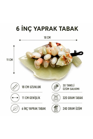 Doğal Oniks Taş Yaprak Tabak & 30 Taneli Üzüm Salkımı Feng Shui Dekor Objesi Bej