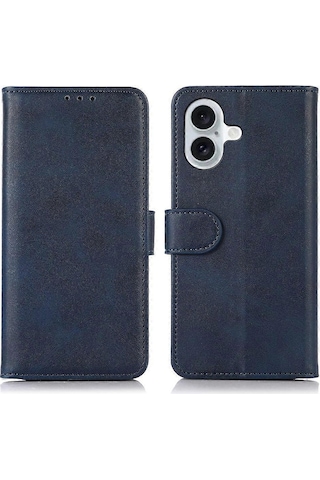 İphone Uyumlu 16 Plus Kılıf Pu Deri Çanta İnek Derisi Doku Standı Telefon Kılıfı