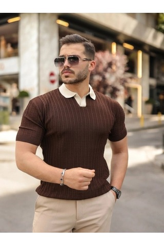 Valensdesign Erkek Yaka Detaylı Desen Dokulu Triko Tişört Kahverengi