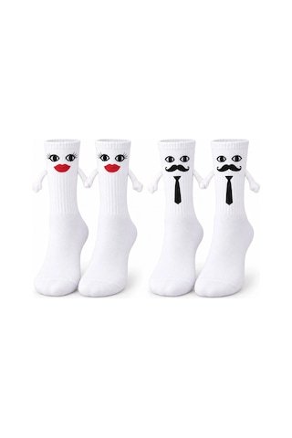 Womanandkids Wak Mıknatıslı Gelin Damat Çorabı 2 Çift El Ele Tutuşan Düğün Çeyiz Bohça Eğlenceli Set Beyaz