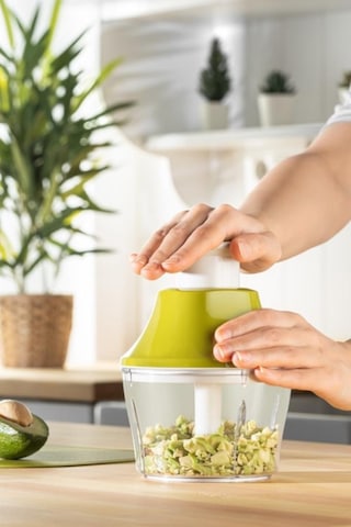 Flosoft Paslanmaz Çelik Bıçak Manuel Doğrayıcı Rondo, 3 Bıçaklı Üstten Basmalı El Robotu 700 Ml Yeşil