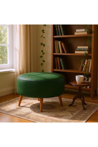 Large Büyük Yuvarlak Modern Puf - 60 Cm - Deri Kumaş - Yeşil